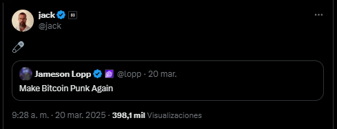 Jack DORSEY retweet in which Jameson LOPP invites Bitcoin to again make a project "punk".