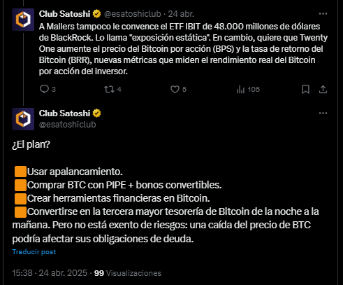 Comment on X about Bitcoin Twenty One company.