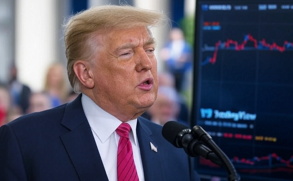 President of the United States, Donald Trump, in front of a generic graph.