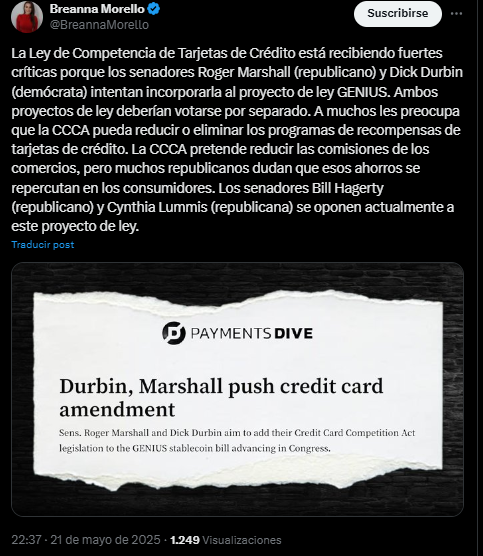 A message by the journalist Breana Morelo about the debate in the Senate about the Genius law to regulate the stablecoins in the US.