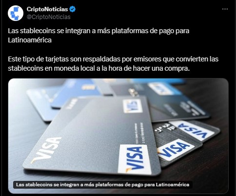 Post of cryptootics about stablecoins as a means of payment / image of Visa credit cards