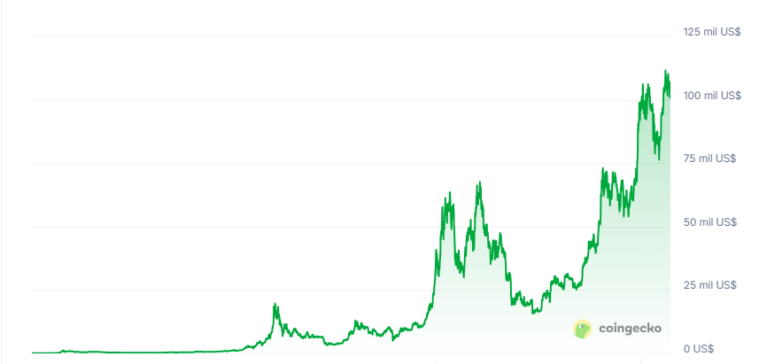A graph that shows how Bitcoin's price has raised historically.