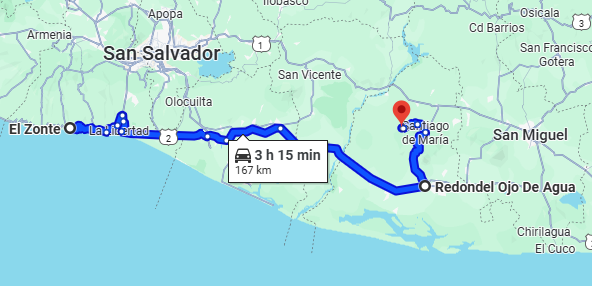 A map shows the distance between the Zonte and Bitcoin Berlin in El Salvador.