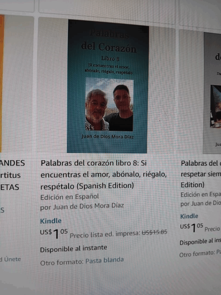 Photograph of PC monitor screen showing Amazon website and book "Words from the heart volume 8".