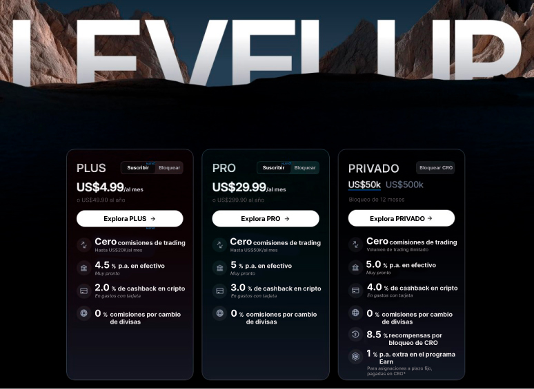 Three black boxes with white letters detailing benefits and costs of the PLUS, PRO and PRIVATE levels of Crypto.com's Level Up program.