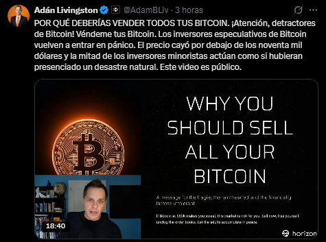 An X message from Adam Livingston offering an ironic public service for speculative investors to sell him bitcoin.