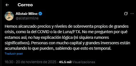 An X message from bitcoiner entrepreneur Alistair Milne suggesting that the price of BTC will rebound soon.