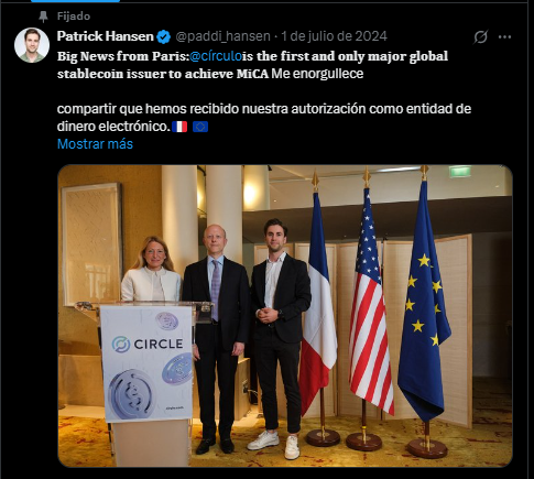 Patrick Hansen with the CEO of Circle behind a podium during the launch of the EURC stablecoin.