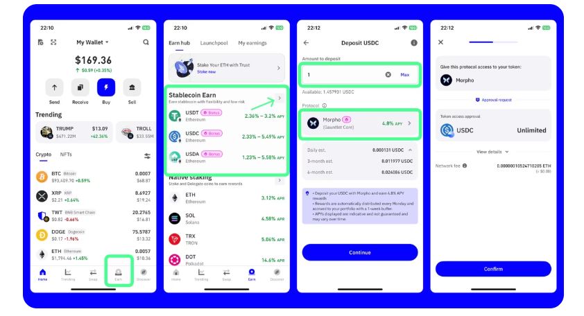 Tutorial to activate the Simple Earn Stablecoins feature in Trust Wallet.