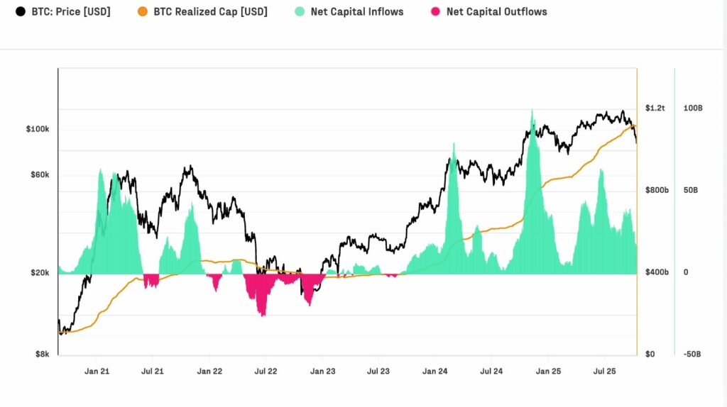 Black line graph and blue and red sections representing the realized capitalization of bitcoin.
