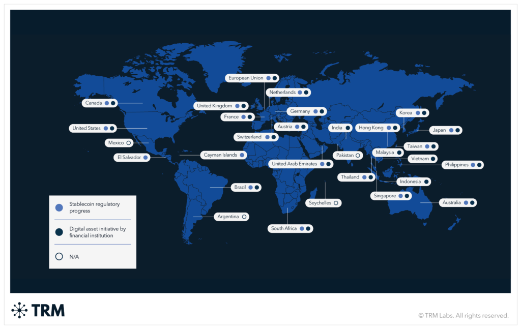 World map in blue that indicates the countries that have regulations on cryptocurrencies.