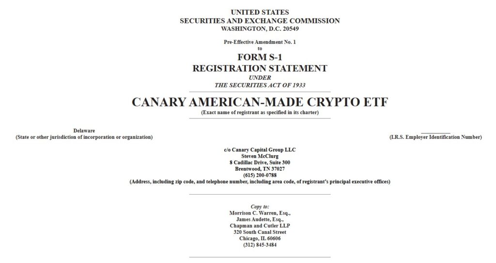 Form S-1 filed with the SEC by the fund "Canary American-Made Crypto ETF, registered in Delaware, managed by Canary Capital.