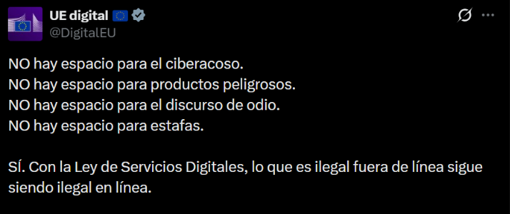 Screenshot of a post by X about the Digital Services Law.