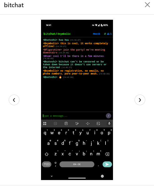 Capture of a chat of conversations on Bitchat on a black background.