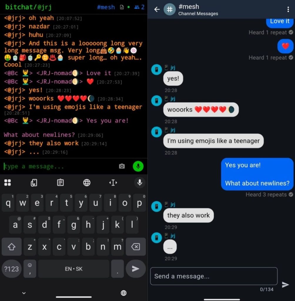 Example of sending a text message via bitchat and meshcore.