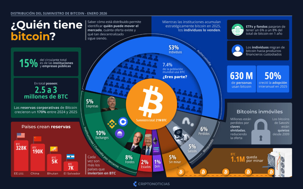 Bitcoin supply distribution infographic created by CriptoNoticias.