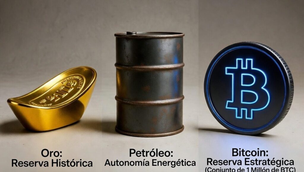 gold icons, a barrel of oil and the bitcoin symbol representing the strategy that would be in Donald Trump's mind, according to analysis by Paul Barron.