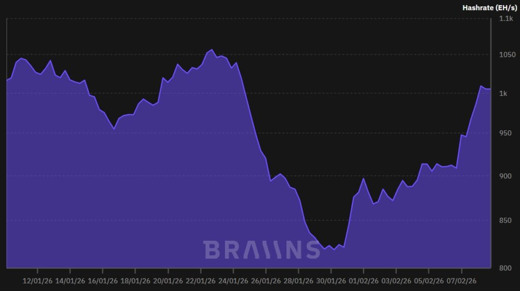 Evolution of the Bitcoin hashrate between January and February 2026.