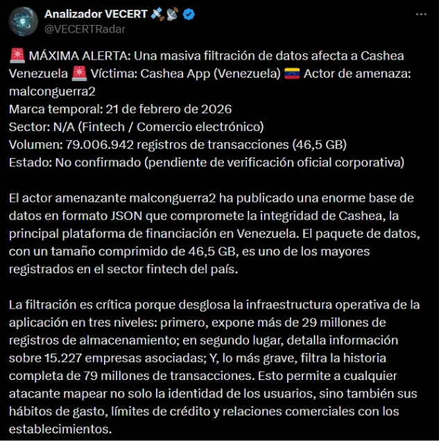 Publication by @VECERTRadar that exposes the alleged amount of data that was leaked.