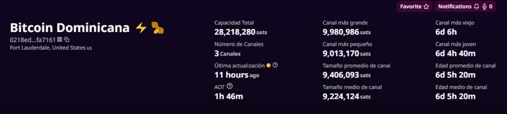 Screenshot of the Bitcoin Dominicana Lightning node information.