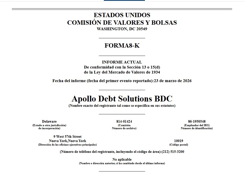 Form 8-K detailing Apollo Debt Solutions BDC's filing with the United States Securities and Exchange Commission on March 23, 2026.