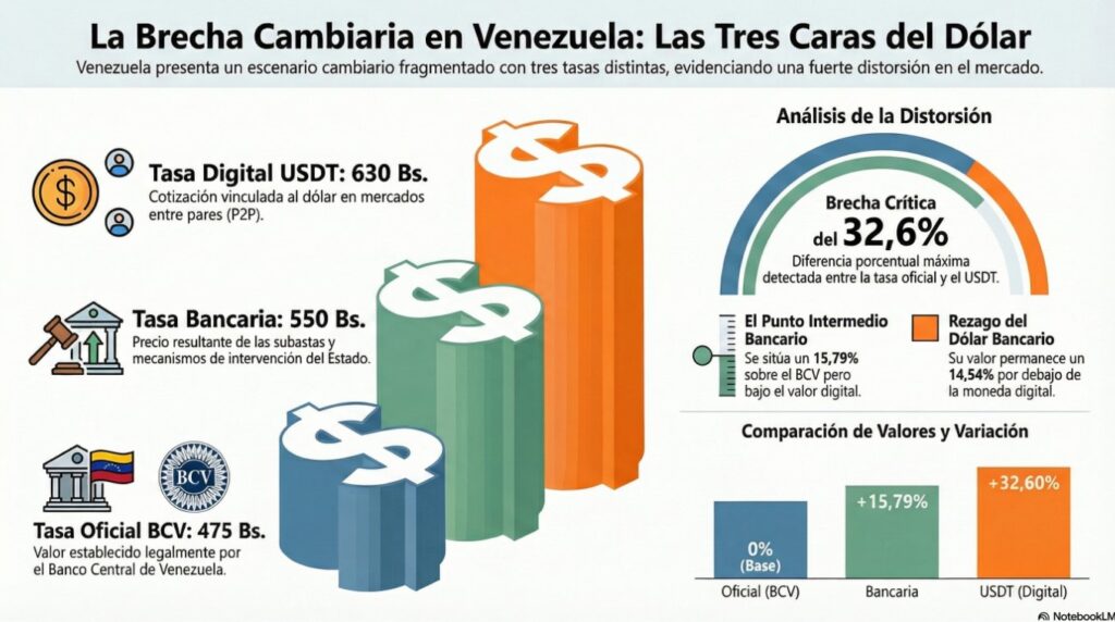 Infographic of the exchange rate gap and the three exchange rates in Venezuela.