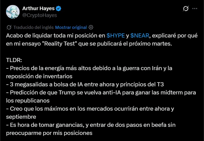 Message from Arthur Hayes on the social network X. 