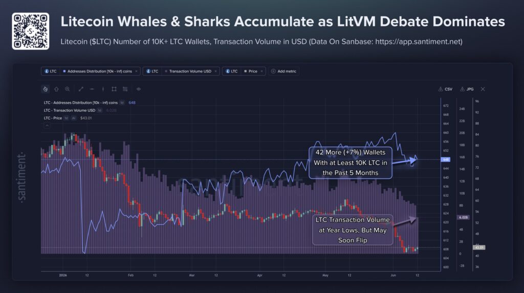 Litecoin (LTC) Santiment chart from December 2025 to June 2026 showing litecoin whale accumulation.